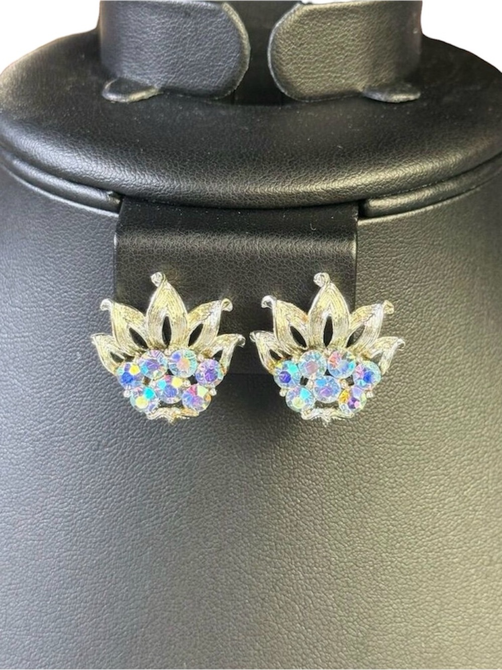 151. Vintage Coro Sunflower Earrings AB Rhinestone Studs Silver Signed clip on‎